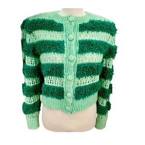 NWOT mint green striped shag button front cardigan size small.